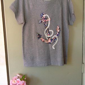 J. Crew Sailor Floral Anchor M Top Short Sleeve Gray Sweater Shirt Medium